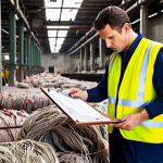 Fire Safety Inspection in a Textile Factory**

A bustling vintage textile factory, highlighting exposed electrical wiring, piles of flammable fabric scraps, and a safety inspector in a high-visibility vest meticulously documenting hazards with a clipboard. Focus on the contrast between the potential danger and the diligent inspector. Consider a slightly desaturated color palette to emphasize the industrial setting.

**