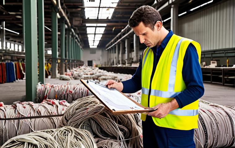 Fire Safety Inspection in a Textile Factory**
A bustling vintage textile factory, highlighting exposed electrical wiring, piles of flammable fabric scraps, and a safety inspector in a high-visibility vest meticulously documenting hazards with a clipboard. Focus on the contrast between the potential danger and the diligent inspector. Consider a slightly desaturated color palette to emphasize the industrial setting.
**