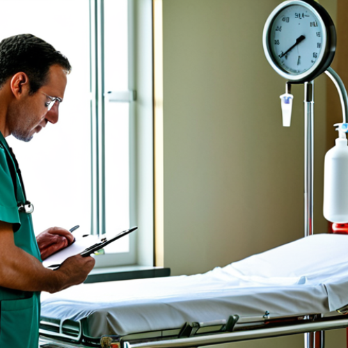 Home 17 **A detailed fire risk assessment in a hospital setting:** A brightly lit hospital ward scene, with a clipboard-wielding inspector examining medical equipment and oxygen tanks. Highlight fire hazards with subtle visual cues. Focus on the vulnerability of patients with reduced mobility.