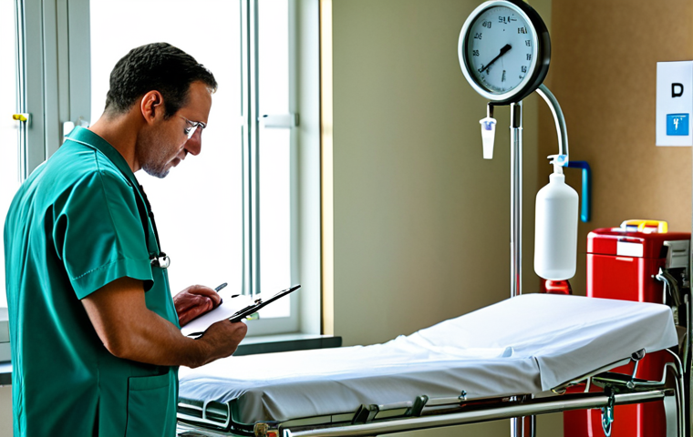 **A detailed fire risk assessment in a hospital setting:** A brightly lit hospital ward scene, with a clipboard-wielding inspector examining medical equipment and oxygen tanks. Highlight fire hazards with subtle visual cues. Focus on the vulnerability of patients with reduced mobility.