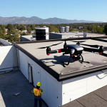 **Prompt:** A technician using a drone to inspect the roof of a commercial building for fire hazards, thermal anomalies, and structural weaknesses. The scene shows a sunny day with the building in the background, and the drone equipped with high-resolution and thermal cameras.