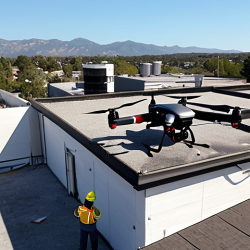 Home 8 **Prompt:** A technician using a drone to inspect the roof of a commercial building for fire hazards, thermal anomalies, and structural weaknesses. The scene shows a sunny day with the building in the background, and the drone equipped with high-resolution and thermal cameras.