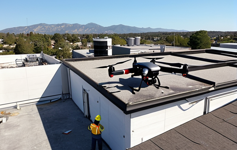 **Prompt:** A technician using a drone to inspect the roof of a commercial building for fire hazards, thermal anomalies, and structural weaknesses. The scene shows a sunny day with the building in the background, and the drone equipped with high-resolution and thermal cameras.