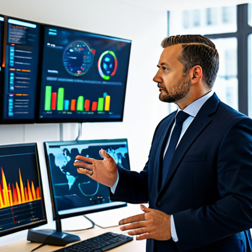 A professional fire safety manager, an adult man, wearing a modest business suit, stands confidently in a modern, high-tech control room. He is interacting with a large, integrated digital dashboard displaying complex graphs, charts, and real-time data related to fire safety KPIs, building schematics, and predictive analytics. The room is impeccably clean, well-lit, and features multiple additional monitor screens in the background showing surveillance feeds and data streams. The scene emphasizes strategic planning, proactive monitoring, and advanced technology in safety management. fully clothed, appropriate attire, professional dress, safe for work, appropriate content, professional, perfect anatomy, correct proportions, natural pose, well-formed hands, proper finger count, natural body proportions, professional photography, high resolution, sharp focus, vibrant colors, futuristic aesthetic.