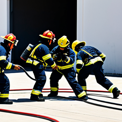 Fire Safety Training Simulation**

"A group of firefighters fully clothed in appropriate turnout gear, participating in a fire safety training simulation at a training facility in São Paulo, Brazil. They are practicing hose handling techniques near a simulated building fire. Emphasis on realistic training environment, teamwork, and safety protocols. Safe for work, appropriate content, professional, family-friendly, perfect anatomy, correct proportions, natural pose, well-formed hands, proper finger count, natural body proportions, high-quality rendering, professional photography."

**