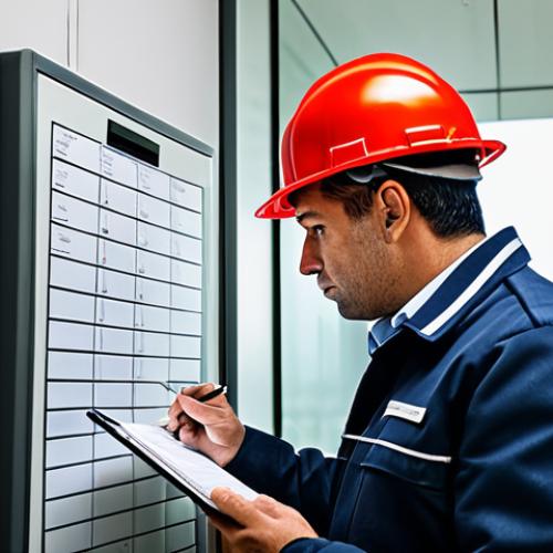 Fire Safety Inspector**

"A professional fire safety inspector, fully clothed in appropriate attire for a building inspection, is examining a fire alarm panel in a modern office building in Lisbon, Portugal. He is taking notes on a clipboard. The scene is well-lit and professional, showcasing the importance of fire safety checks. Safe for work, appropriate content, modest clothing, perfect anatomy, natural proportions, professional photography, high quality."

**