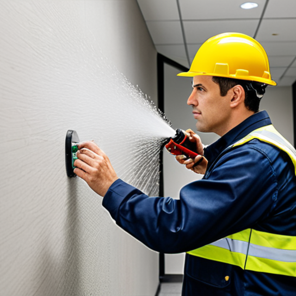 화재안전관리 실무에서의 문제 해결 방법 - "A professional fire safety inspector in appropriate attire, examining a sprinkler system in a moder...