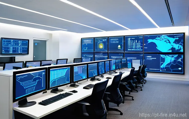 화재안전관리 직무에서의 문제 해결 프로세스 - **Prompt:** A high-tech control room in a modern office building, bathed in soft, futuristic blue an...
