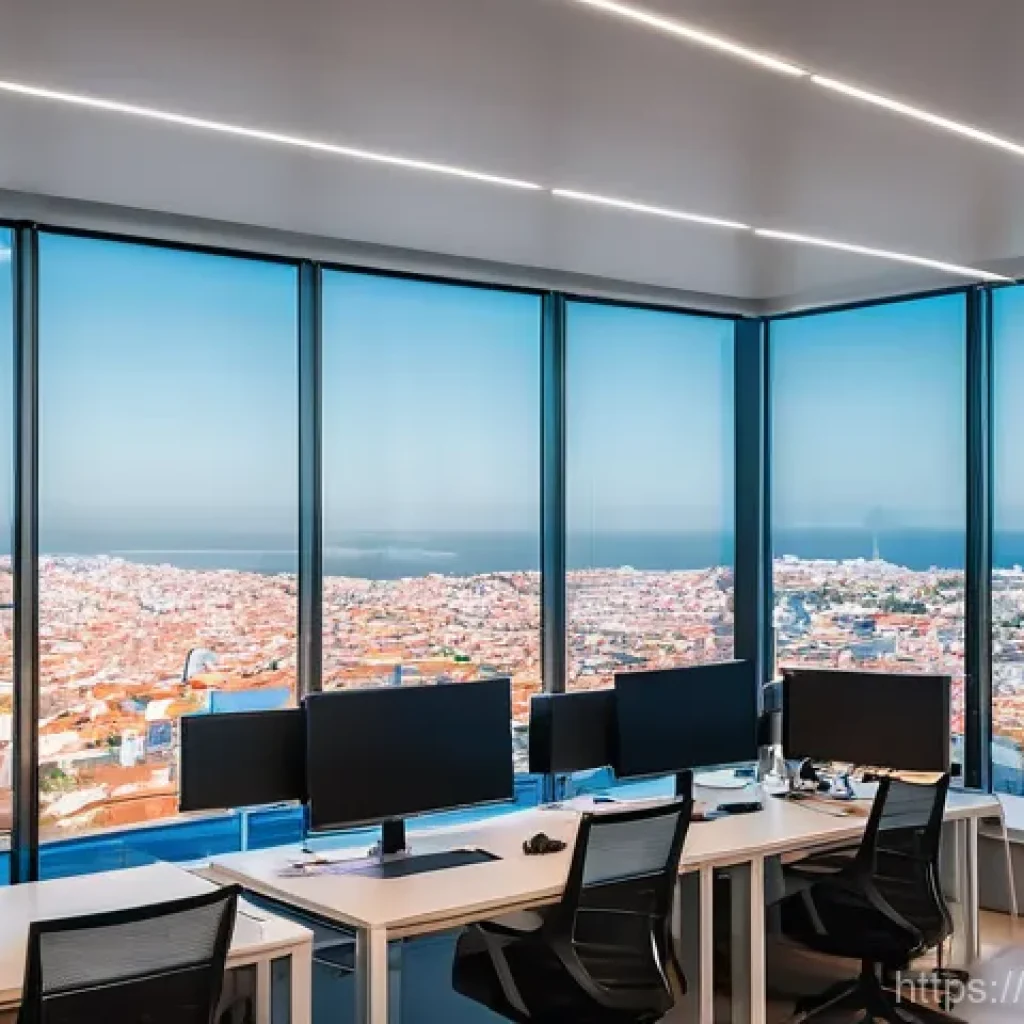 화재안전관리 실무와 관련된 최신 기술 트렌드 - **Prompt 1: AI-Powered Early Detection in a Modern Portuguese Office**
"A high-angle shot captur...