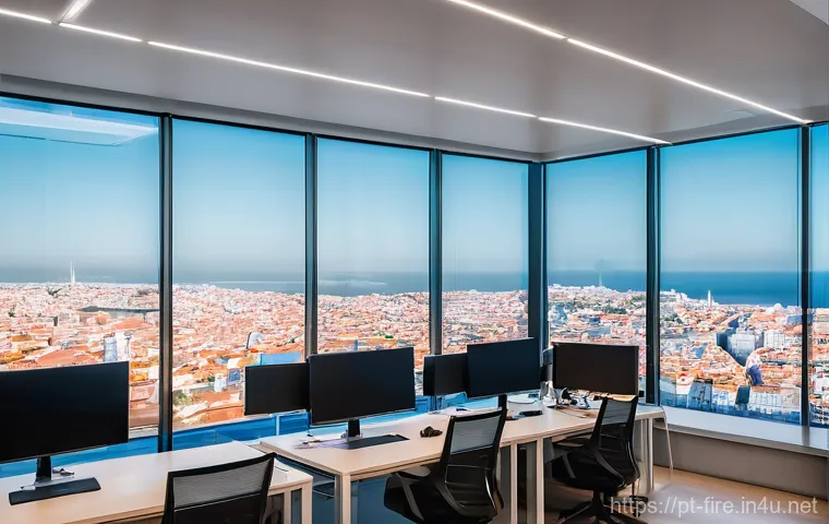 화재안전관리 실무와 관련된 최신 기술 트렌드 - **Prompt 1: AI-Powered Early Detection in a Modern Portuguese Office**
"A high-angle shot captur...