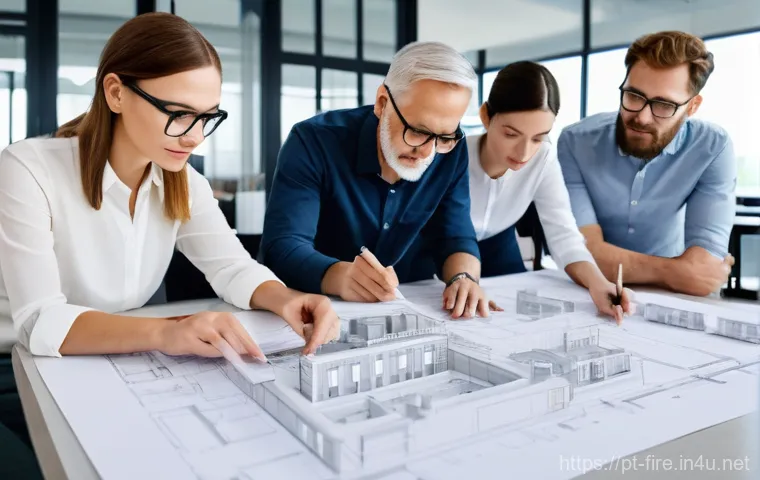 화재안전관리기술자와 건축소방설계자의 협업 - **Prompt:** A diverse team of professional architects and fire safety engineers, male and female, in...