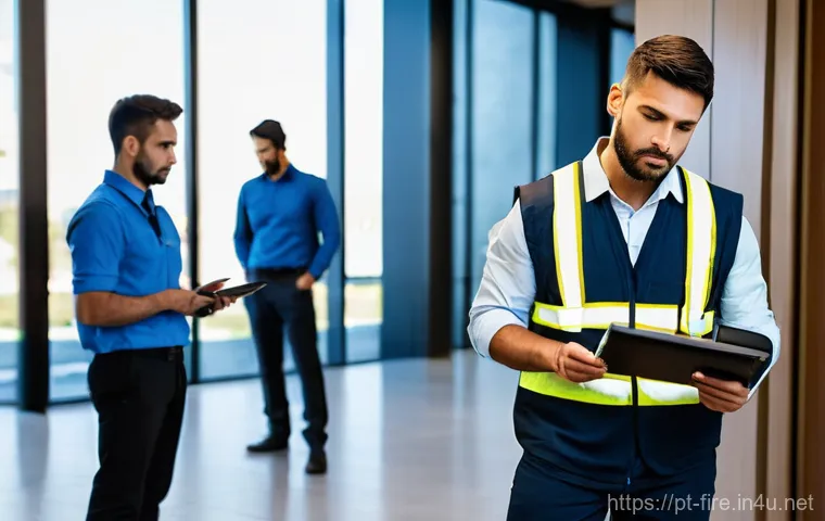 화재안전관리기술자 자격증 취득 비용 및 시간 - **Prompt:** A Portuguese male fire safety technician, in his early 30s, wearing a clean, dark blue p...