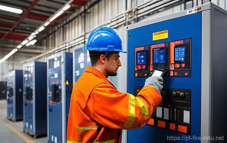 화재안전관리기술자의 필수 장비 목록 - **Prompt 1: Thermal Camera Inspection**
"A professional fire safety technician, wearing a dark b...