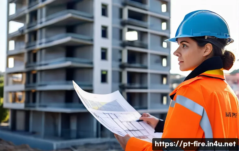 화재안전관리 기술자의 직무에서의 성과 분석 - **Prompt:** A mid-30s female fire safety engineer in Portugal, wearing a professional blazer and saf...