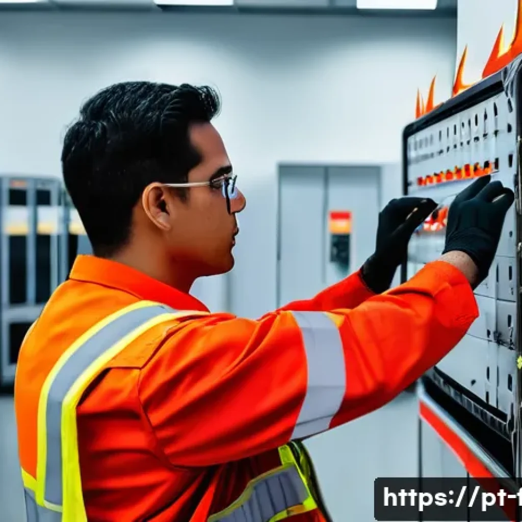 화재안전관리 기술자의 주요 직무 및 책임 분석 - A professional fire safety technician performing a detailed fire risk assessment inside a modern Bra...