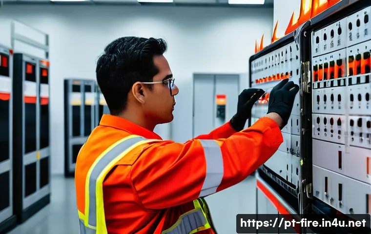 화재안전관리 기술자의 주요 직무 및 책임 분석 - A professional fire safety technician performing a detailed fire risk assessment inside a modern Bra...