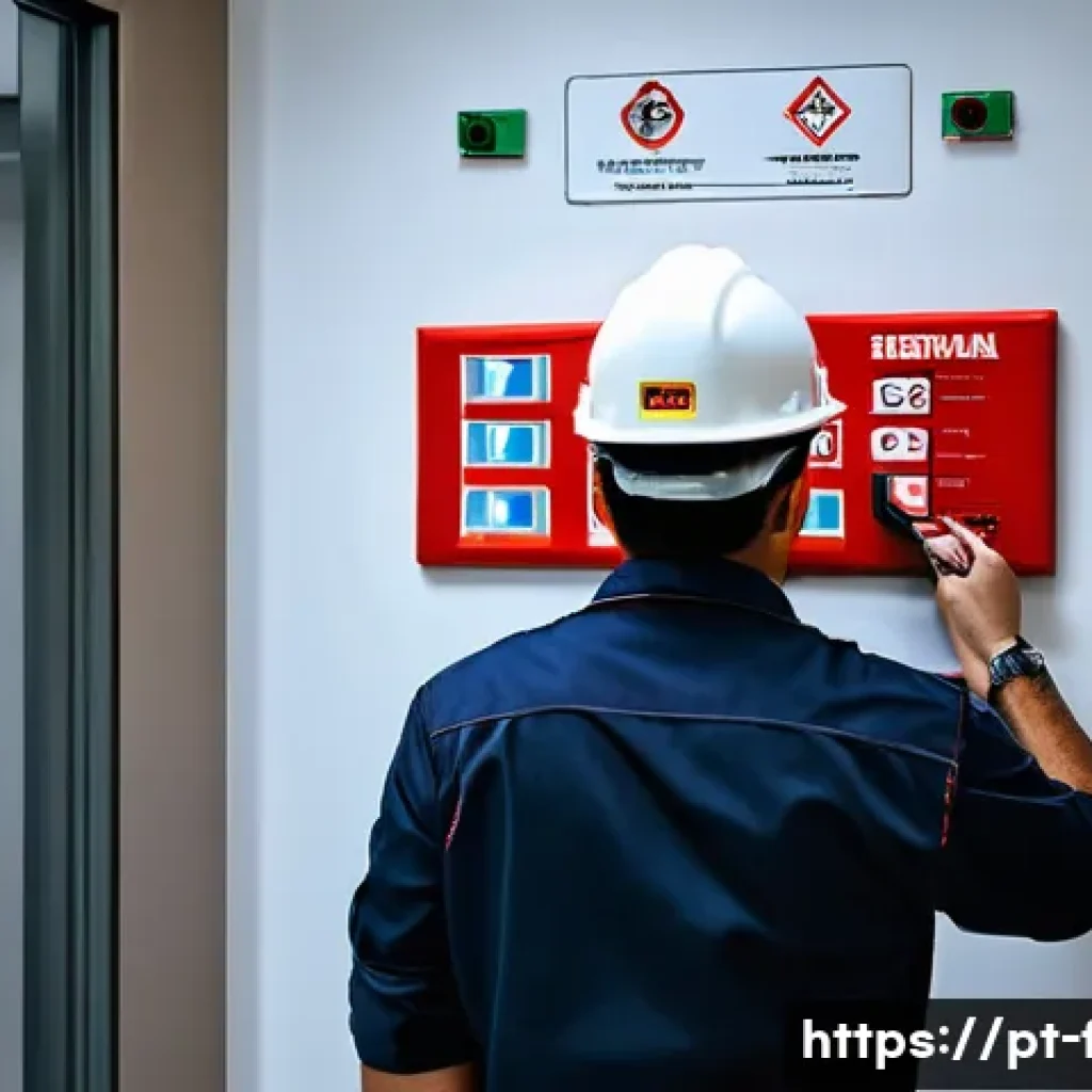 화재안전관리기술자 직무 면접 질문 모음 - A professional fire safety technician in a Brazilian corporate building, wearing a neatly fitted uni...