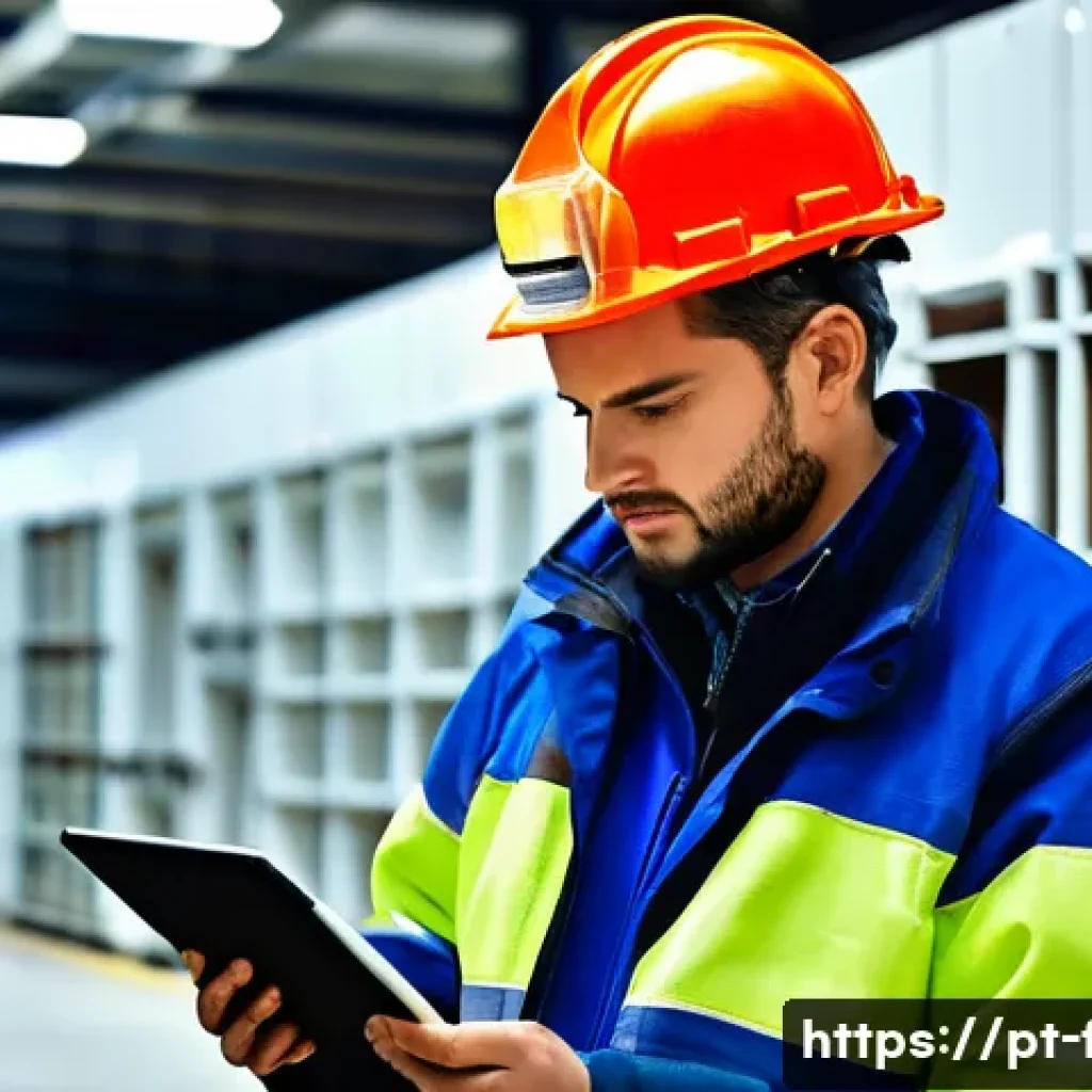 화재안전관리 기술자의 경력 성장 사례 - A professional fire safety technician in a modern industrial facility, wearing a safety helmet, refl...