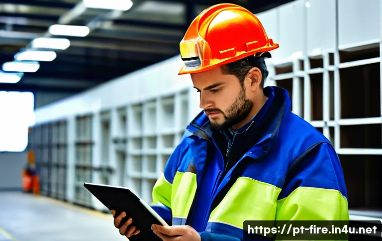 화재안전관리 기술자의 경력 성장 사례 - A professional fire safety technician in a modern industrial facility, wearing a safety helmet, refl...