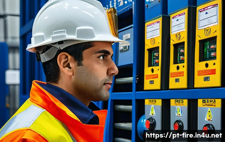 화재안전관리기술자 연봉 협상 사례 - A professional fire safety technician wearing certified protective gear, including a helmet, reflect...