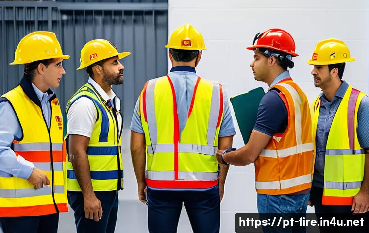 화재안전관리 실무에서의 문제점 및 해결책 - A detailed scene of a professional fire safety training session in a modern Brazilian industrial fac...