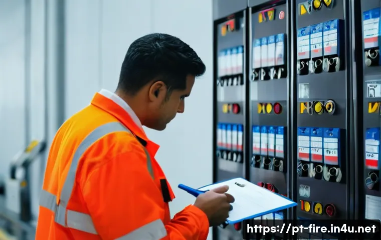 화재안전관리 업무에서 필요한 문서 서식 모음 - A detailed scene inside a modern industrial facility where a diverse team of safety inspectors in pr...