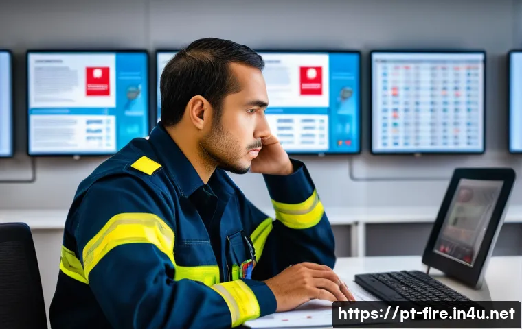 화재안전관리기술자의 경력 관리 방법 - A professional fire safety technician attentively studying updated Brazilian fire safety regulations...