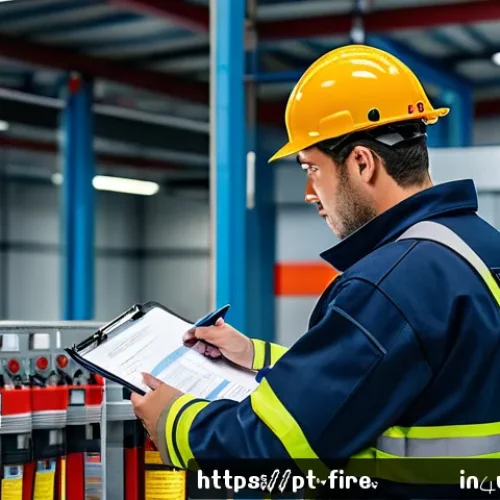 Home 33 화재안전관리기술자의 경력 개발 로드맵 - A professional fire safety technician in a modern industrial facility, wearing full protective gear ...