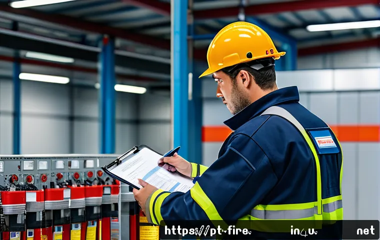 화재안전관리기술자의 경력 개발 로드맵 - A professional fire safety technician in a modern industrial facility, wearing full protective gear ...