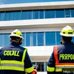 Home 19 화재안전관리 실무에서 중요한 커뮤니케이션 팁 - A detailed scene of a diverse emergency response team conducting a fire drill in a modern corporate ...