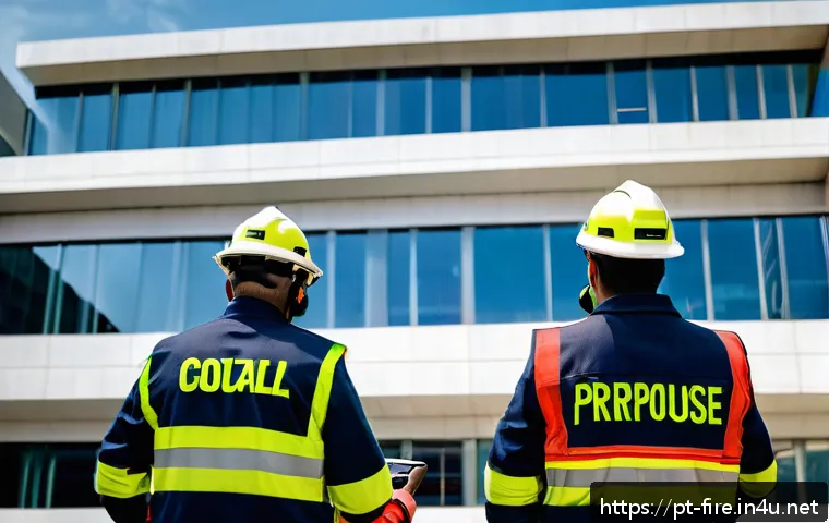 화재안전관리 실무에서 중요한 커뮤니케이션 팁 - A detailed scene of a diverse emergency response team conducting a fire drill in a modern corporate ...