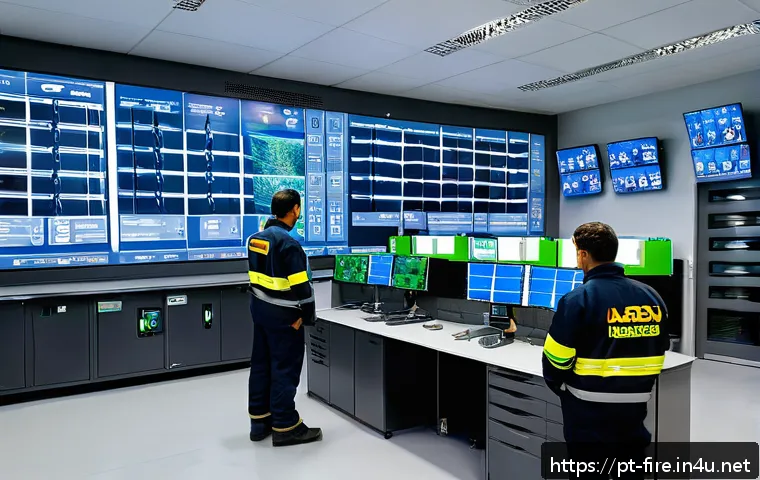 화재안전관리 실무에서 발생하는 기술적 문제 - A detailed industrial fire detection control room featuring modern intelligent smoke and heat sensor...