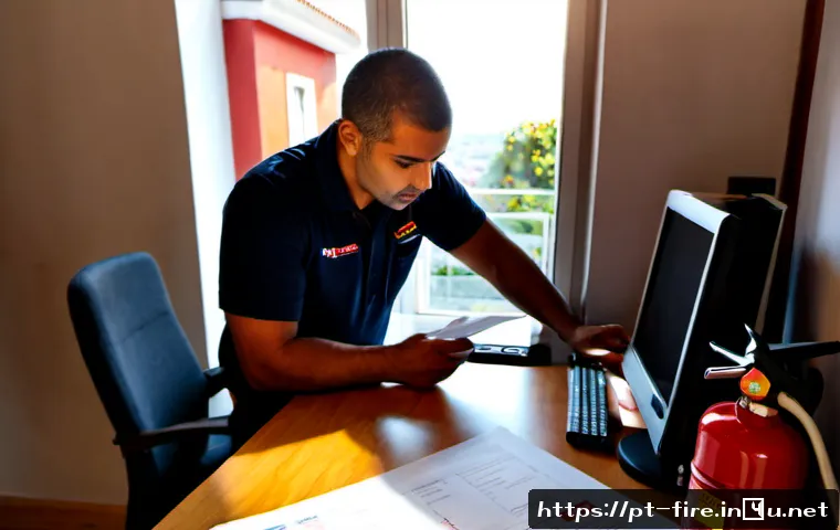 Home 17 화재안전관리기술자 시험 후기 및 꿀팁 - Photorealistic Portuguese fire safety technician preparing for a professional certification exam at ...