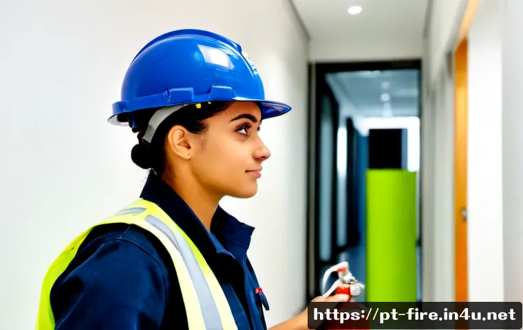 화재안전관리 신입 기술자의 첫 직장 선택 팁 - Photorealistic young Brazilian fire safety technician at their first job, wearing a clean navy safet...