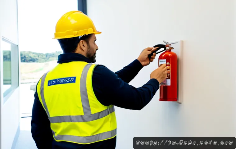 화재안전관리 직무에서의 책임과 의무 - Photorealistic fire safety manager in a modern Portuguese office building, wearing a neat high-visib...