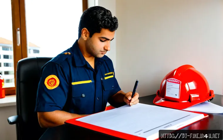 화재안전관리 기술자 경력증명서 작성 요령 - Photorealistic Portuguese-speaking fire safety technician in a neat professional uniform reviewing a...