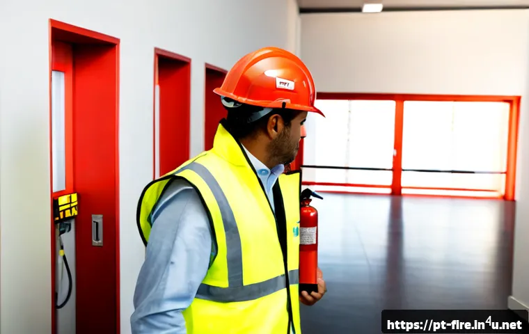 화재안전관리기술자의 주요 직무와 책임 - Photorealistic fire safety manager in a modern Portuguese commercial building, wearing a clean high-...