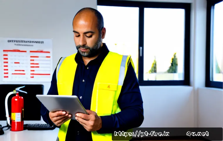 화재안전관리 직무에서의 성과 평가 전략 - Photorealistic fire safety manager in a modern Portuguese office building, wearing a neat safety ves...